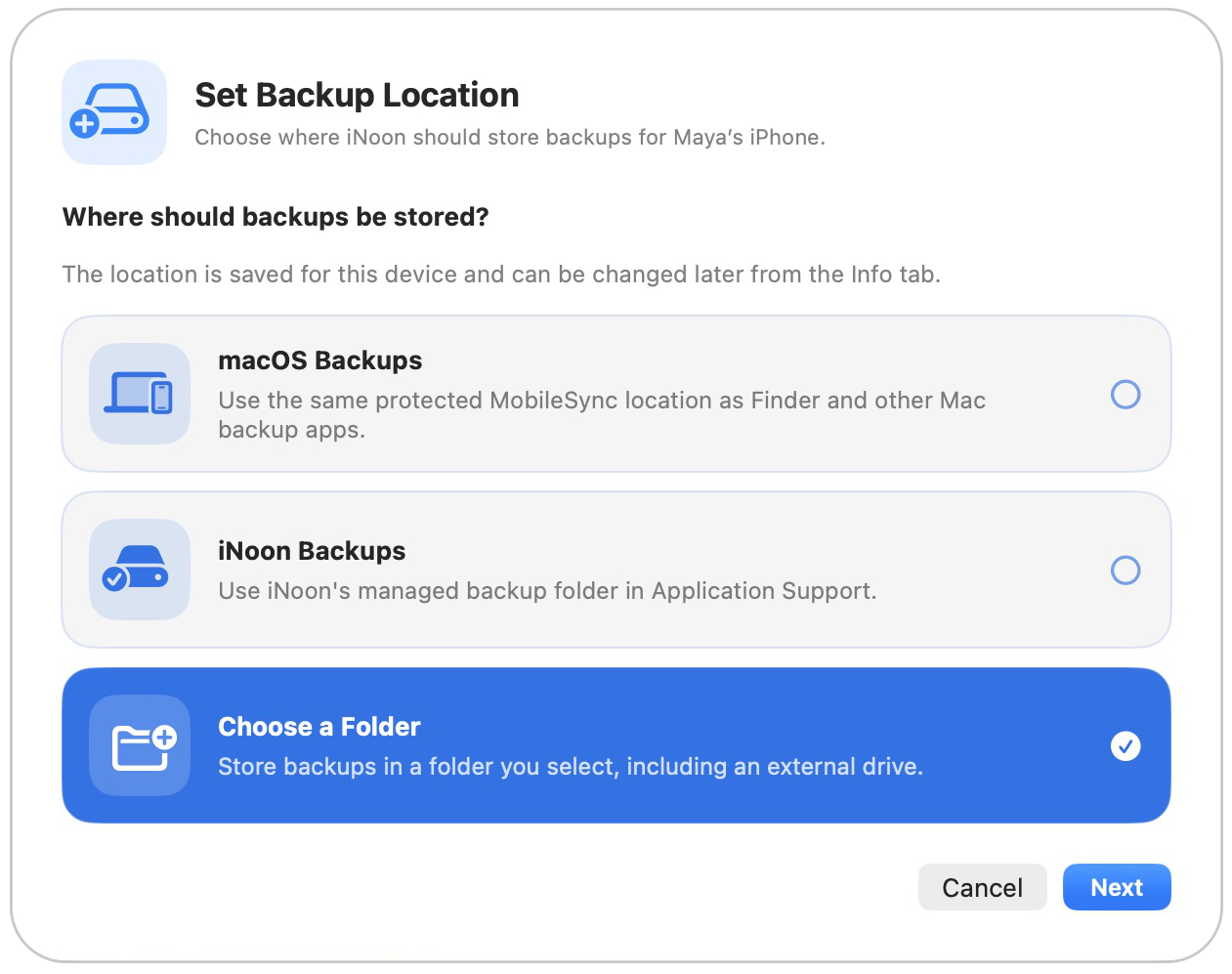 iNoon backup location options for a connected iPhone