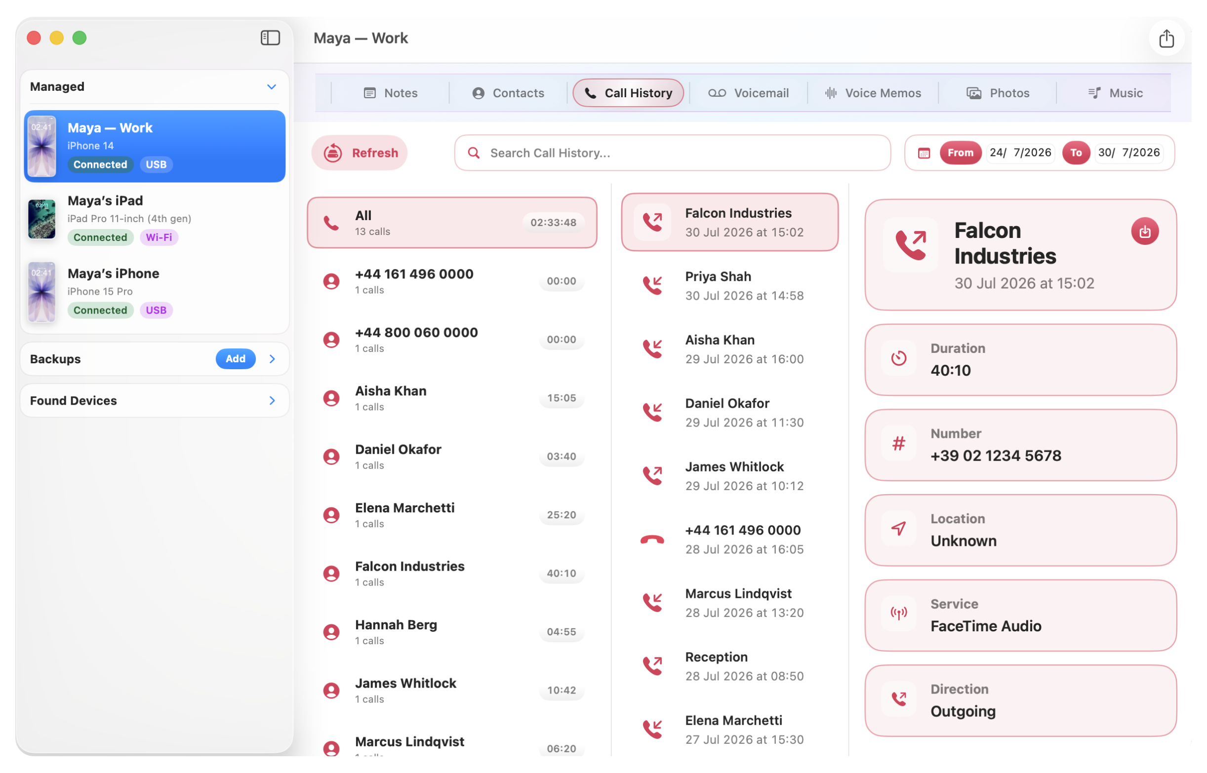 The iNoon Call History view showing searchable calls and call details