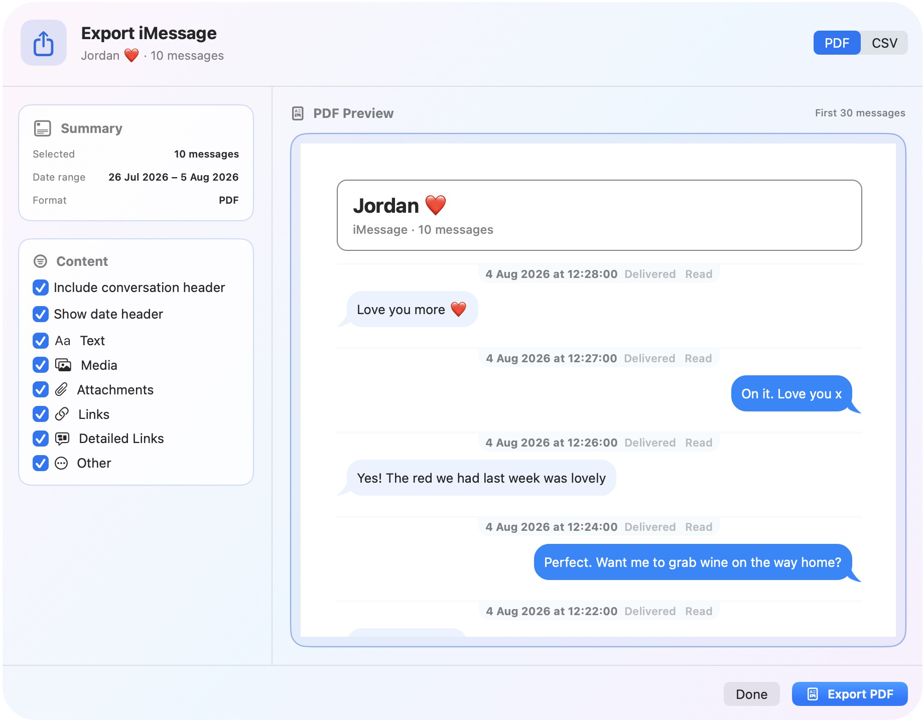 An iNoon PDF export preview for an iMessage conversation