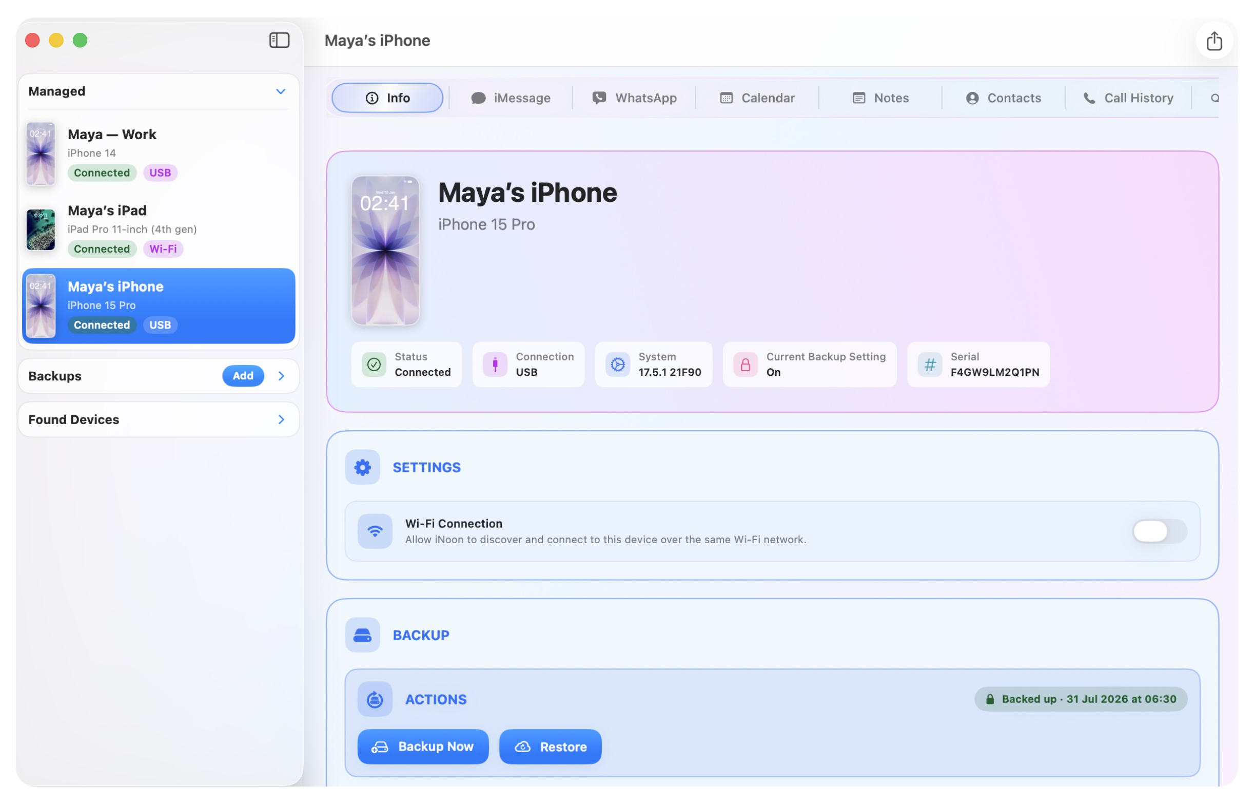 The iNoon Info tab showing a connected iPhone and its backup settings
