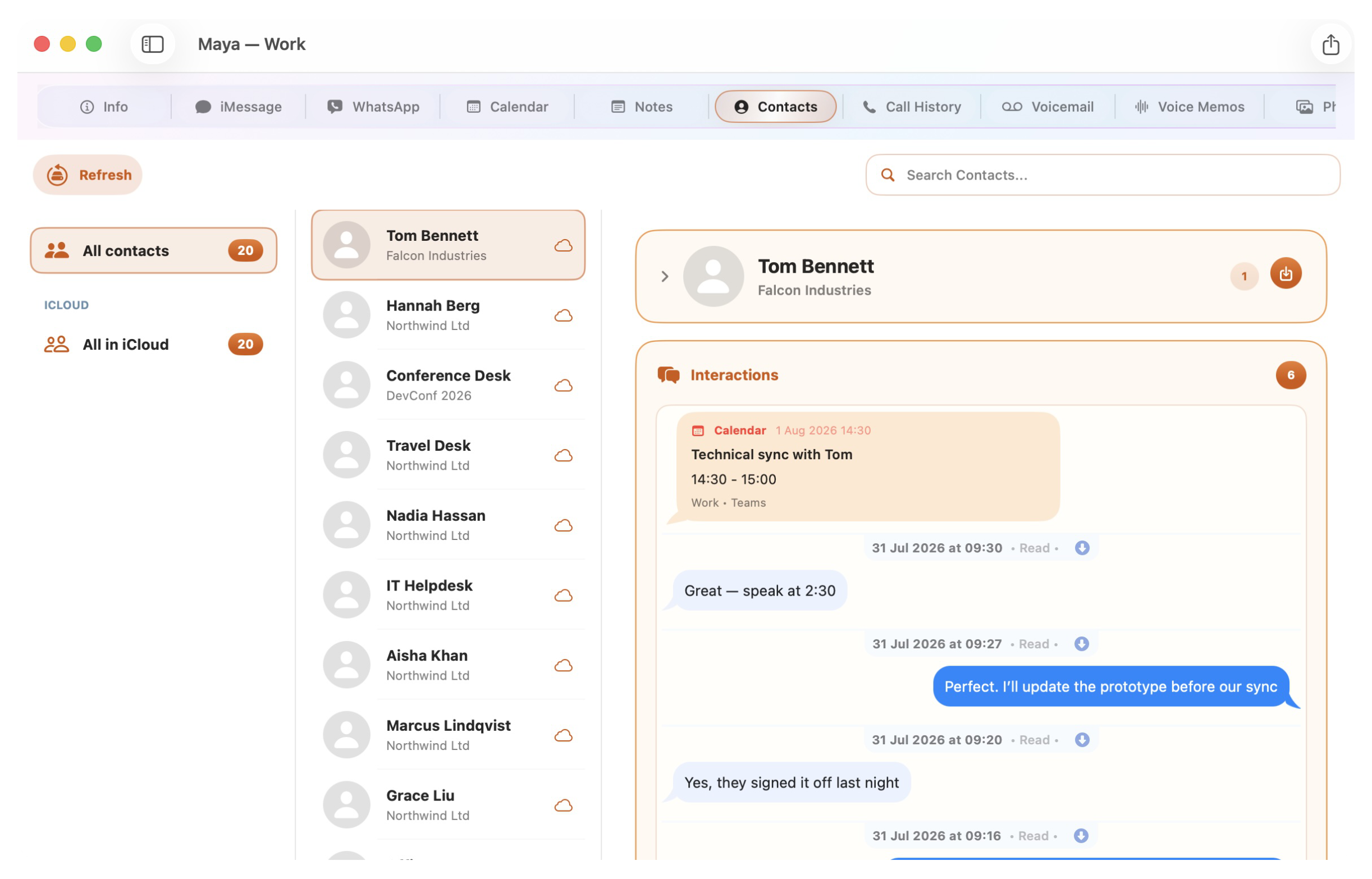 An iNoon contact view aggregating messages and calendar interactions