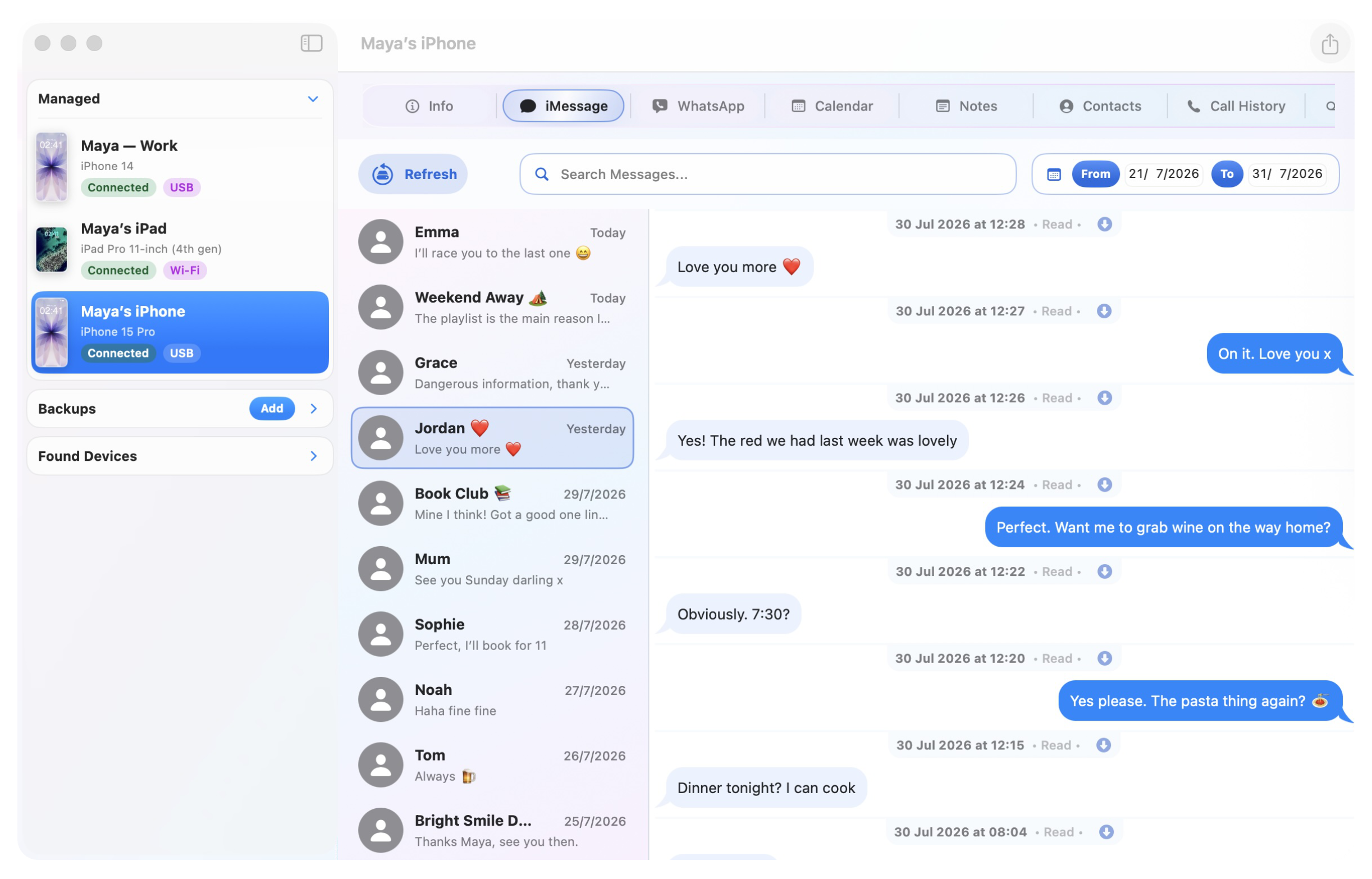 The iNoon iMessage tab displaying searchable conversations