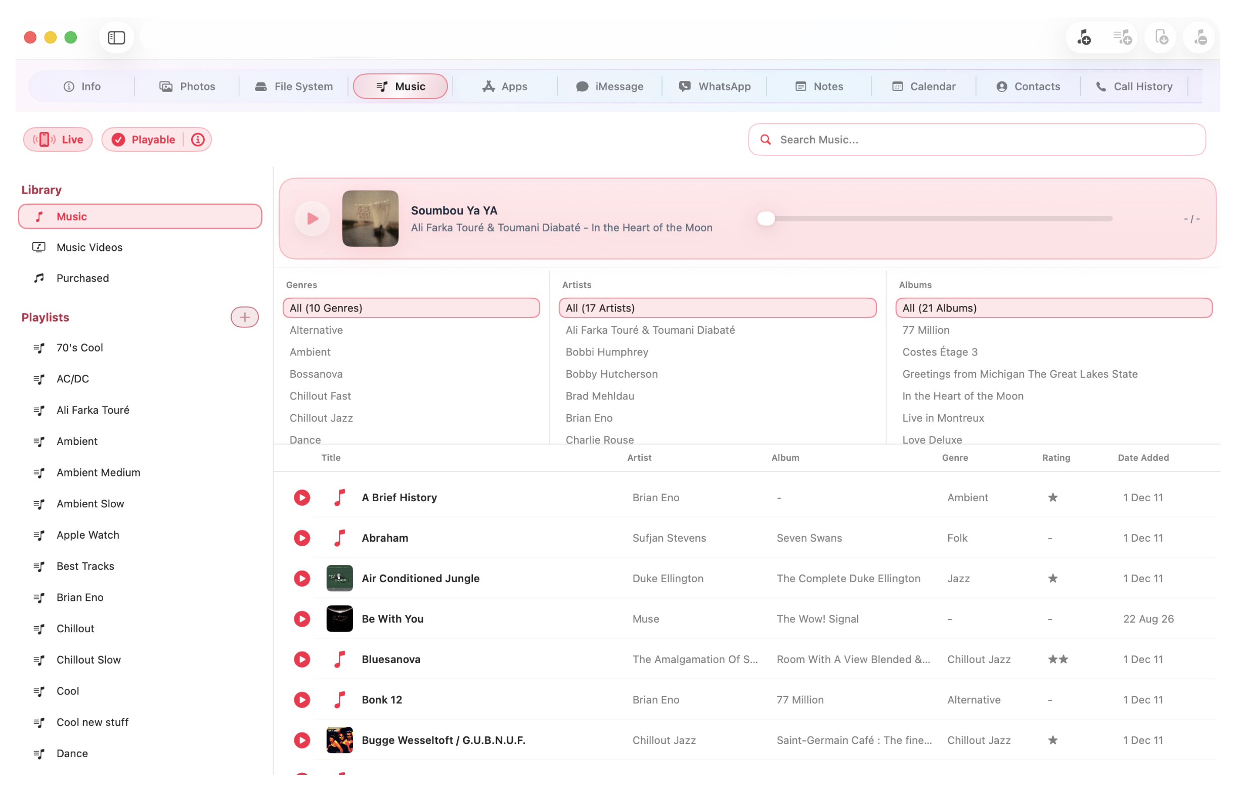 The iNoon Music tab showing the music library, playlists and transfer controls