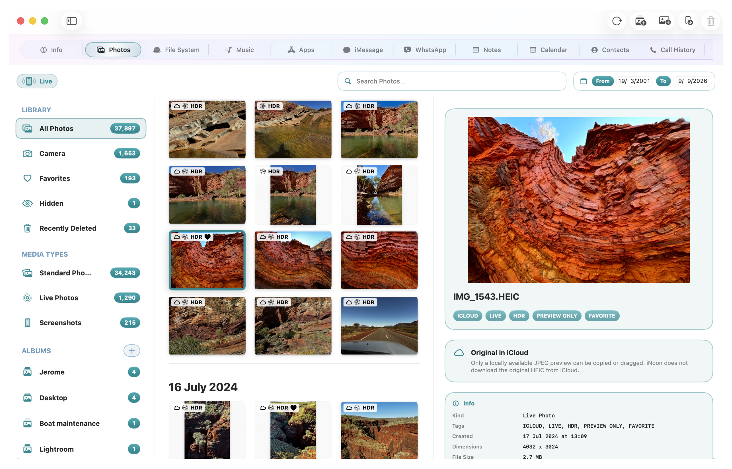 The iNoon Photos tab showing photo albums, image previews and transfer controls