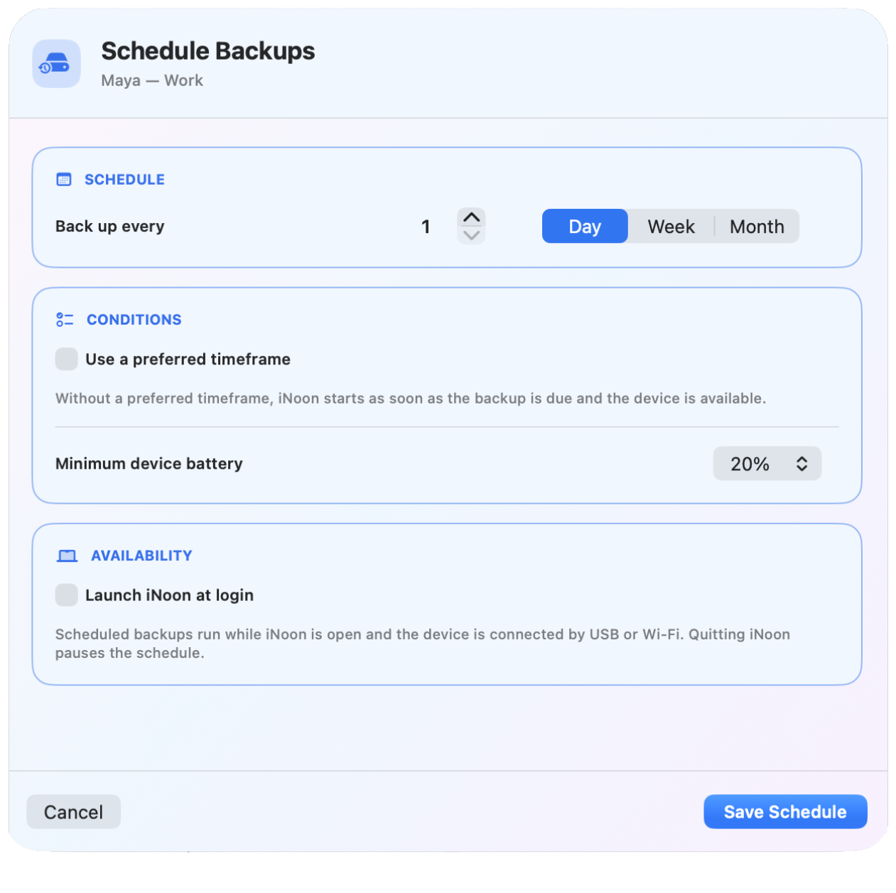 iNoon controls for scheduling recurring device backups